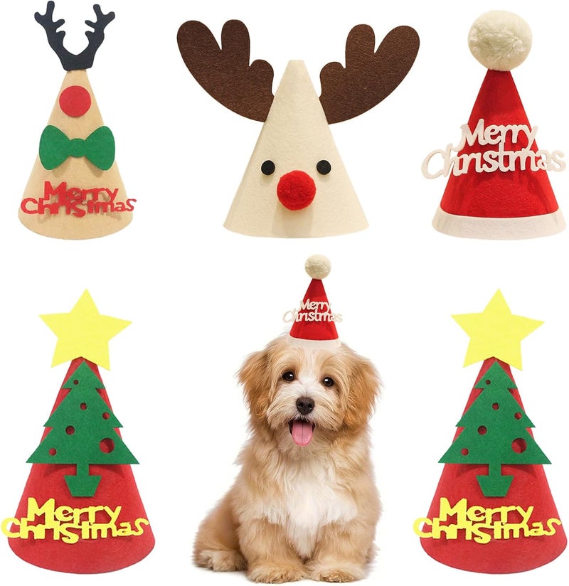 Cellcacn 5 Pcs Christmas Dog Hats Cute Cats Party Hats Pet Set Dogs Santa Hats Puppies Kittens Grooming Accessories Costumes. (Small Christmas A) - Image 1